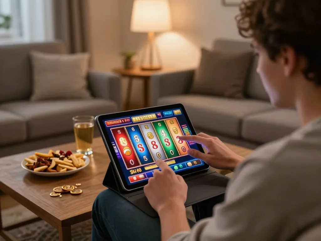 Engaging in apk slot bet 50 perak deposit 5000 gameplay on a tablet in a cozy home setting