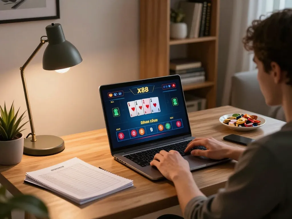 x88 player enjoying an online poker game on a laptop in a cozy home environment