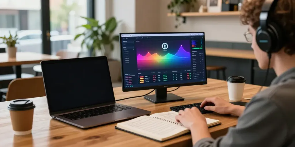 股票API integration tools on a trader's desk with cryptocurrency charts and DeFi platform interface highlighting real-time market data.
