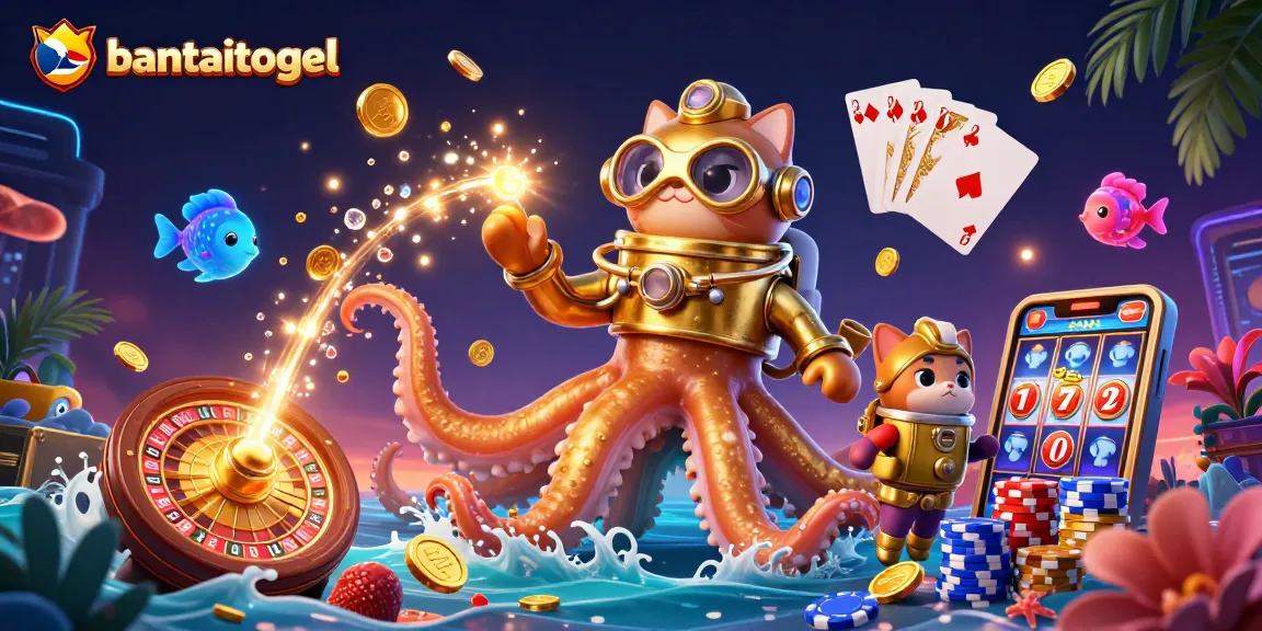 Spin to win with bantaitogel as a kraken and diving cat immerse in a casino adventure against vibrant treasures.