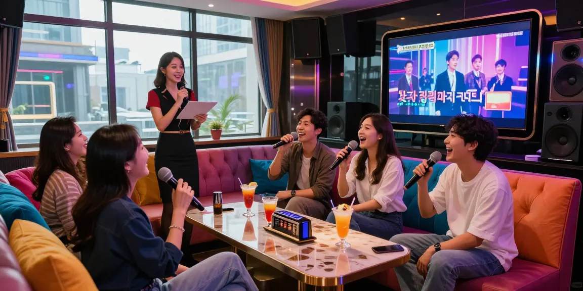Friends enjoying a lively time at 강남가라오케 in a luxurious private room with colorful lights and cocktails.