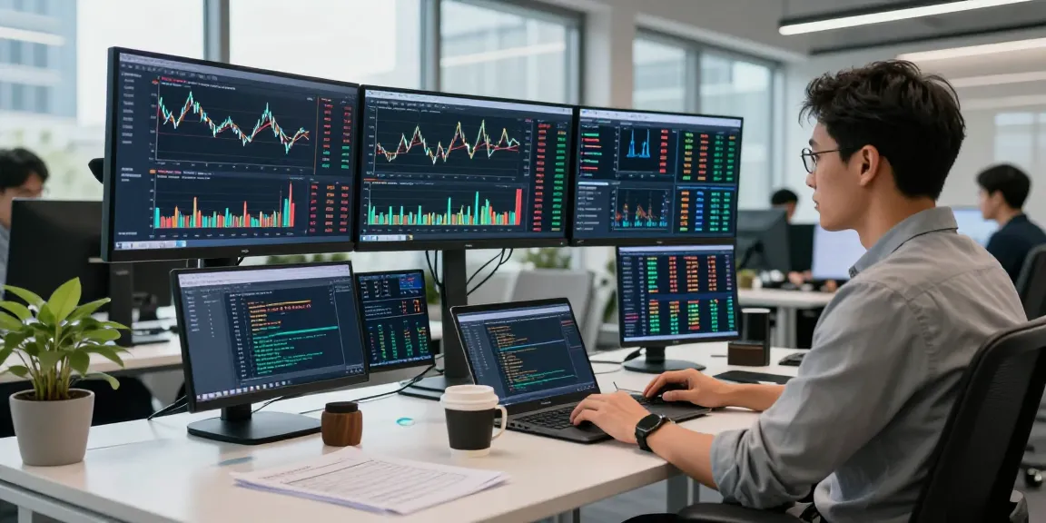 Developer analyzing silver market data feed in a modern office with dynamic trading screens.