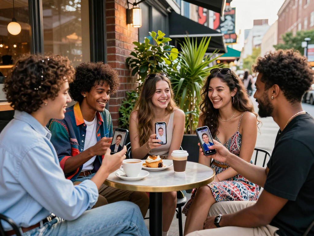 Group of friends evaluating how old do I look using smartphones at a café.
