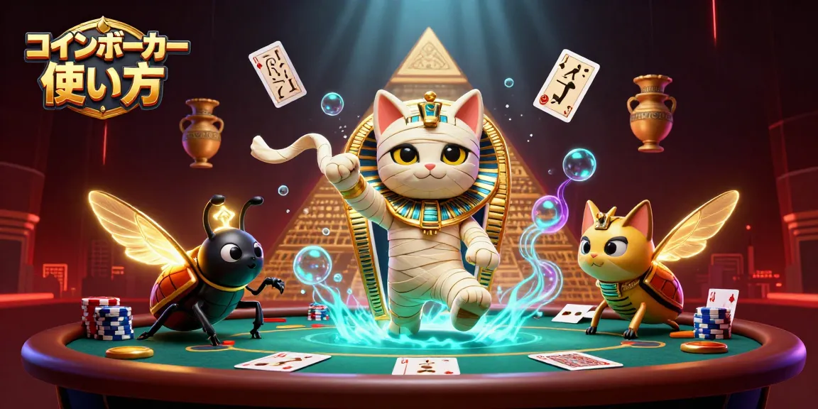 コインポーカー 使い方のガイドを示す、ダイナミックなポーカーテーブルのシーン。