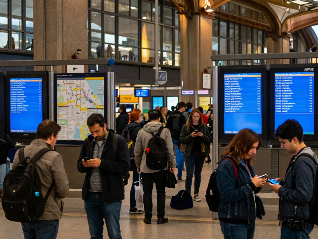 Train strikes notifications displayed at a busy urban train station.