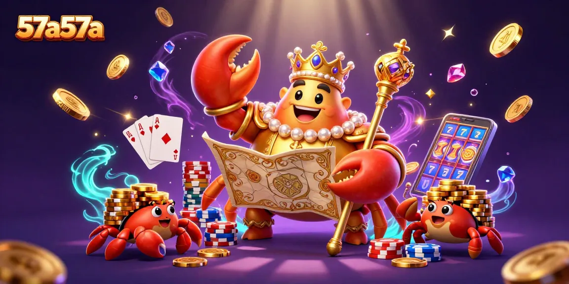 Engage with 57a57a's vibrant casino scene, featuring a crab emperor amidst overflowing golden coins.