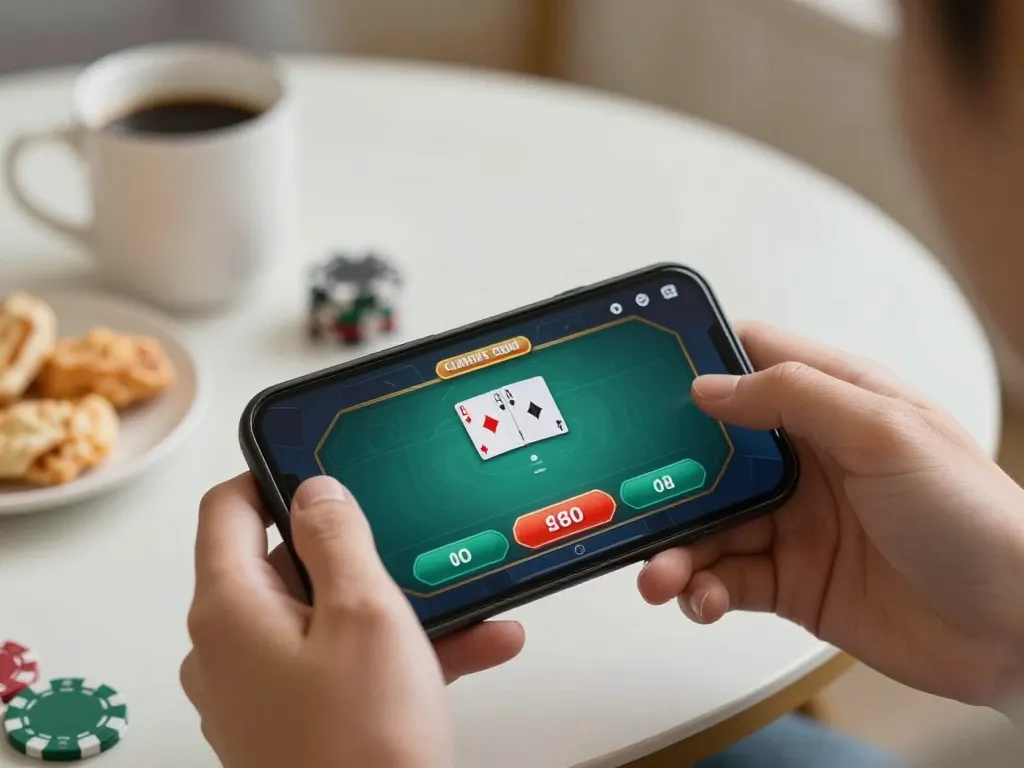Engaging in a strategic vipwin poker game on a smartphone, showcasing savvy gameplay