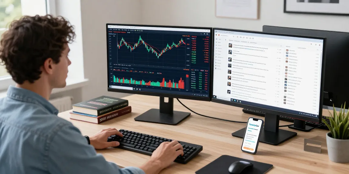 在使用TradingView官网进行市场分析的交易者，显示多显示器和实时数据，现代办公室环境。