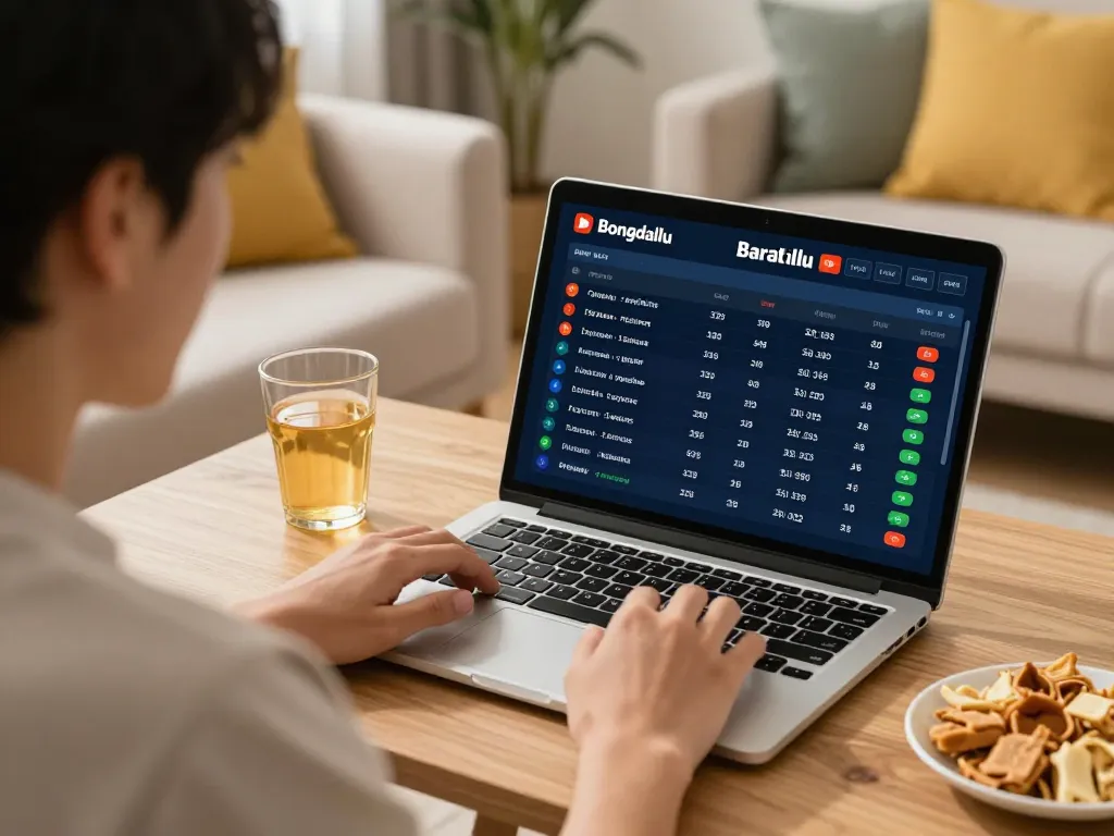 Bongdallu user engaging in online sports betting strategy at home with laptop.