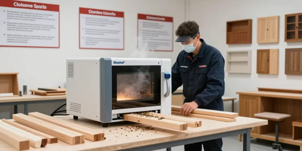Shashel® microwave wood treatment device effectively eliminating wood-boring insects in a modern workshop.