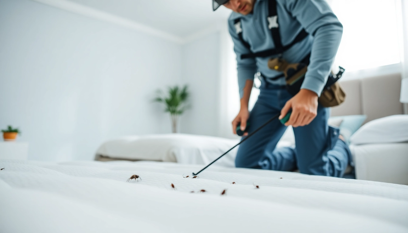 Effective bed bug extermination near me with an expert inspecting a mattress in a modern home.