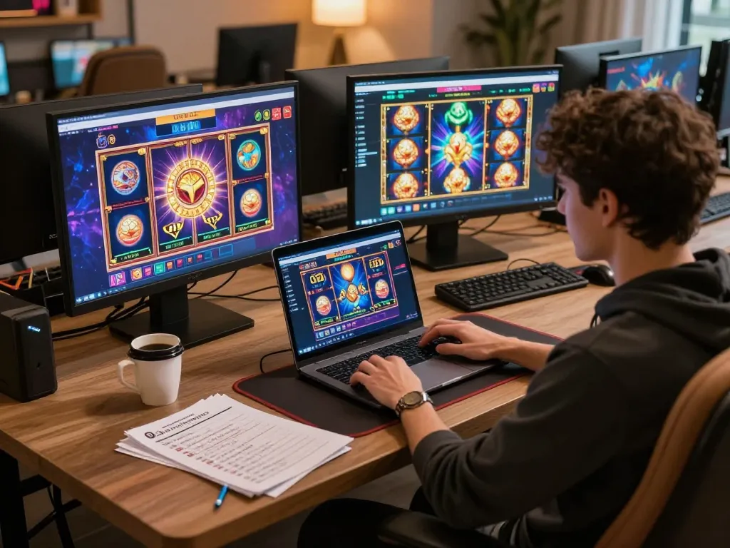 Engaging in เว็บสล็อต gameplay at a cozy home setup with strategic notes nearby
