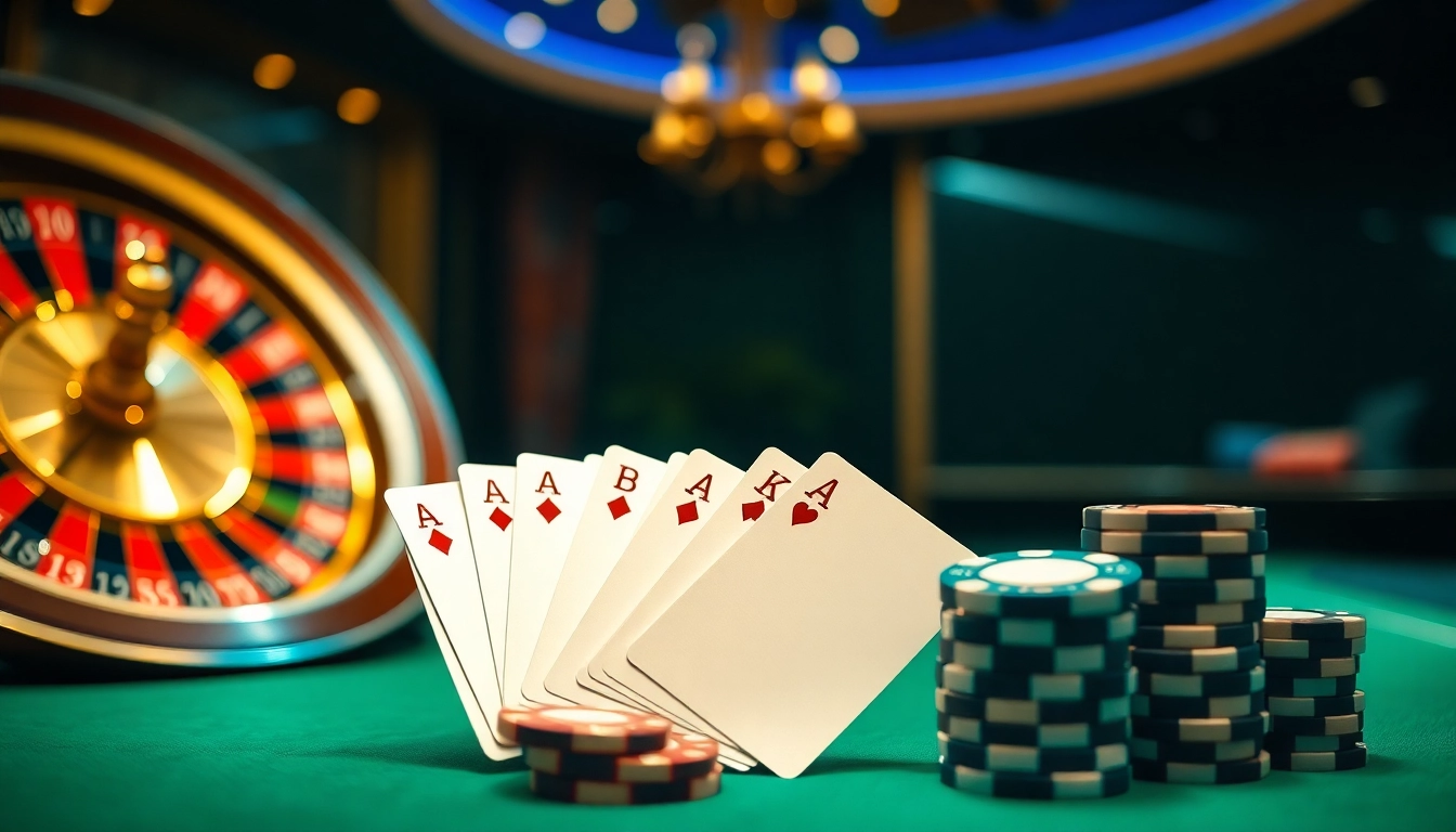 Découvrez le frisson du casino en ligne fiable avec une élégante scène de roulette virtuelle remplie de jetons de poker et de cartes.