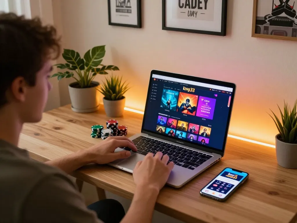 king33 player engaging in responsible online gambling strategy at home