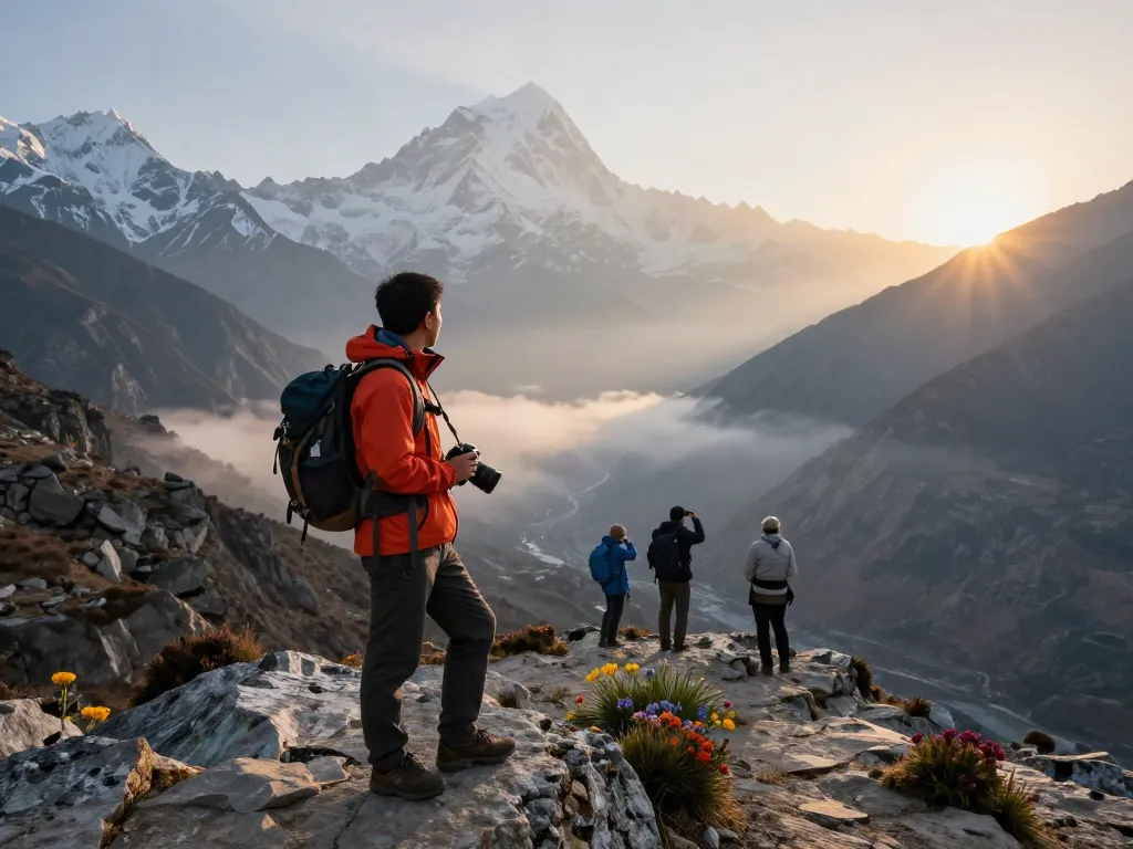 Manaslu Trek traveler enjoying stunning mountain views at sunrise