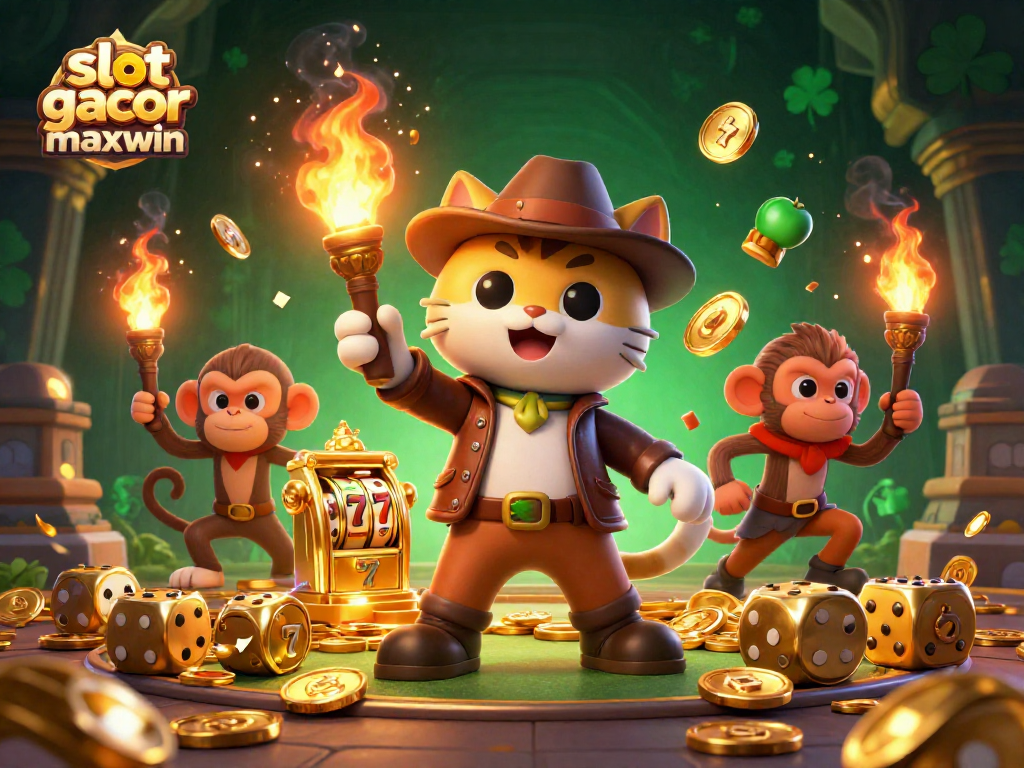 Gambaran menarik dari slot gacor maxwin dengan kucing penjelajah dan monyet di kuil.