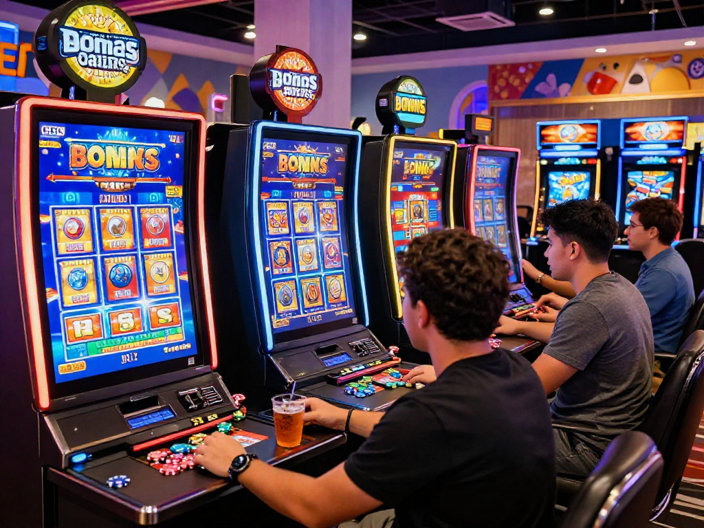 Players enjoying engaging bonus buy slots at a vibrant online casino with modern gaming terminals and colorful lighting.