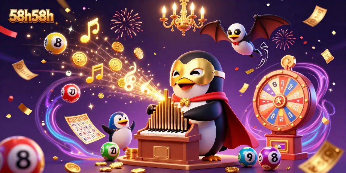 Experience thrilling excitement with 58h58h's vibrant casino illustration showcasing a penguin and dynamic game elements.