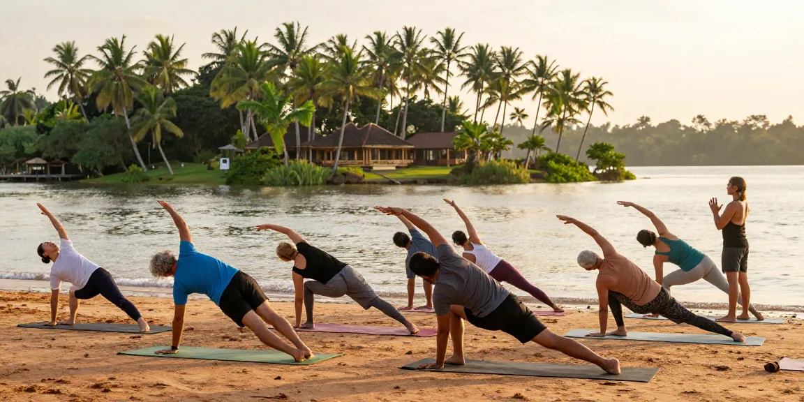 Yoga teacher training 2026 session by Koggala Lake, Sri Lanka, with diverse practitioners in Vinyasa poses.