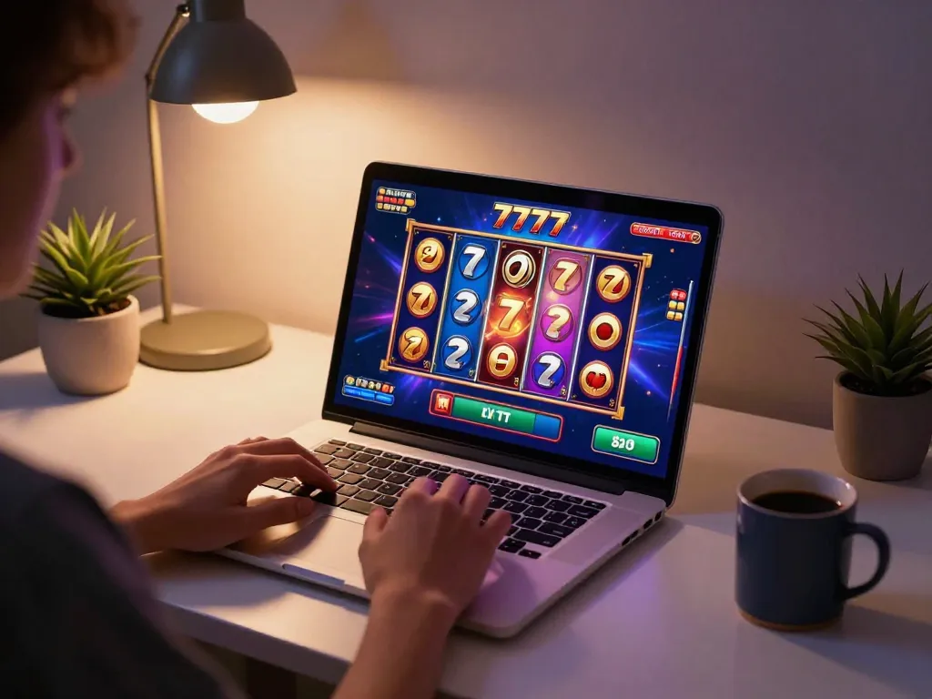 Engaging in the slot777 resmi game, showcasing vibrant online slot gameplay on a laptop
