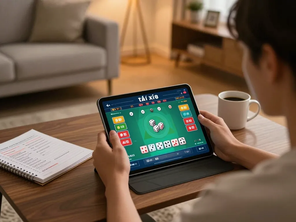 Engaging gameplay of tài xỉu online on a tablet in a cozy living room, showcasing an immersive betting experience.