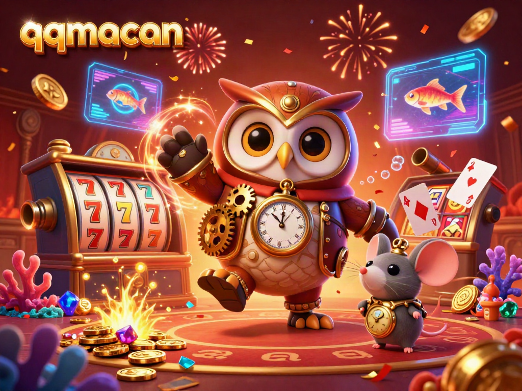 Engage with thrilling slots and jackpots on qqmacan, featured in a vibrant 3D casino scene.