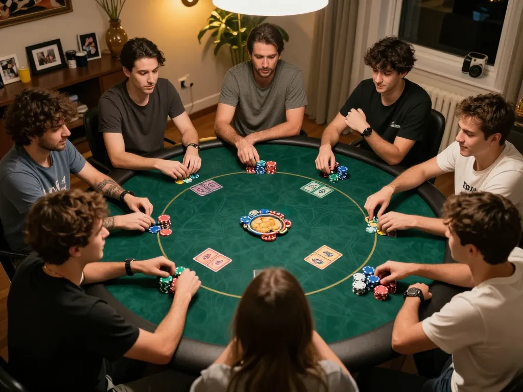 TG88 players enjoying an exciting Texas Hold'em poker game night at home with vibrant chips and drinks.