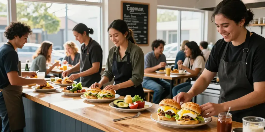 Enjoying breakfast near me (Austin Texas area) at Eggman, featuring vibrant sandwiches and a lively kitchen atmosphere.