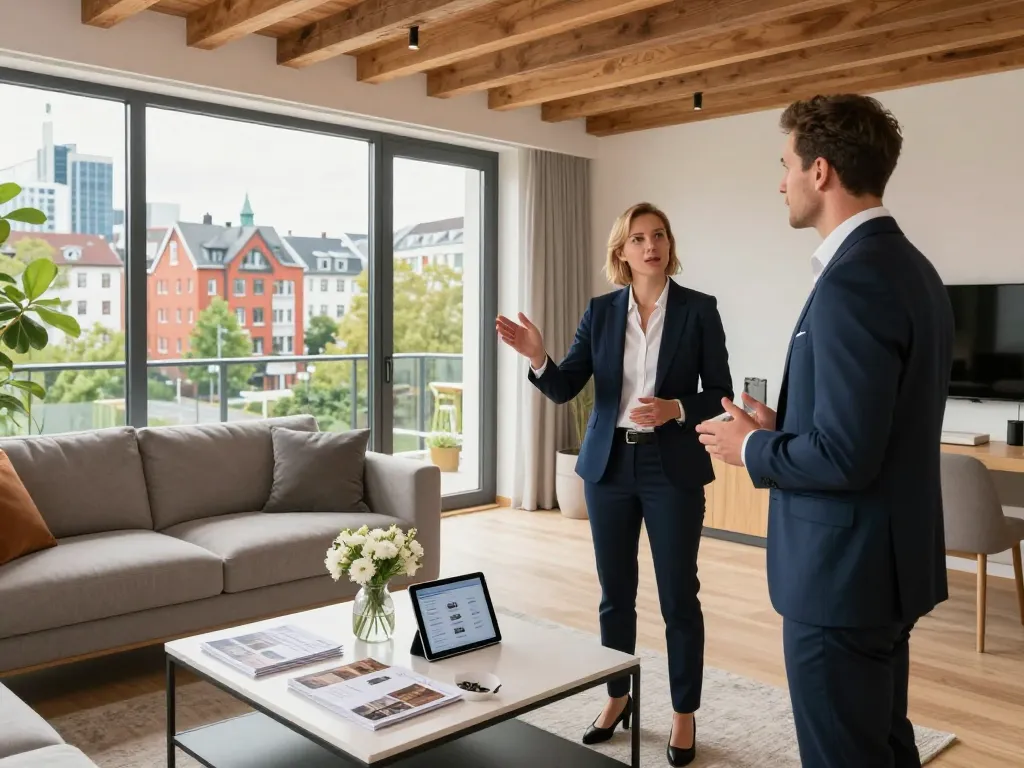Anspruchsvoller Immobilienmakler, der Immobilien in Frankfurt Sachsenhausen präsentiert und den Charme der lokalen Architektur hervorhebt.