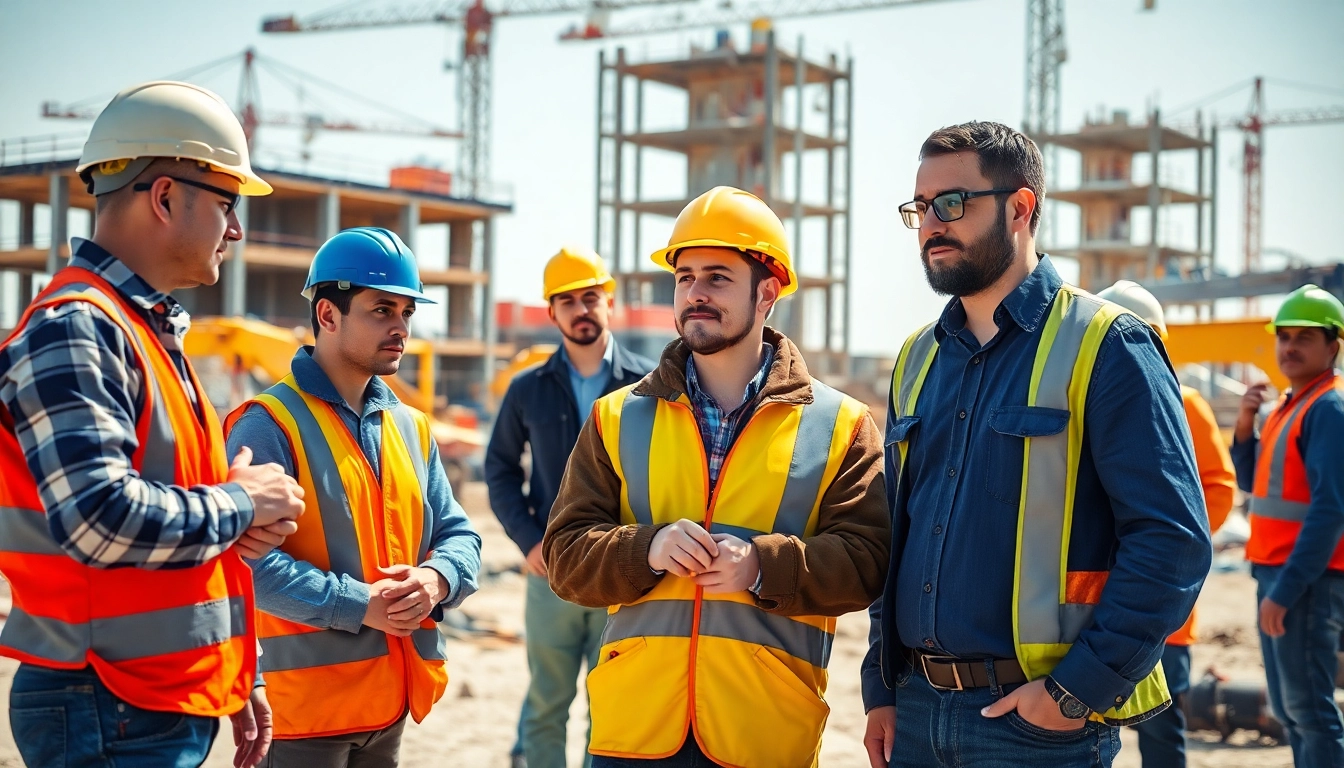 Focused scene of construction workforce development with skilled workers and machinery.