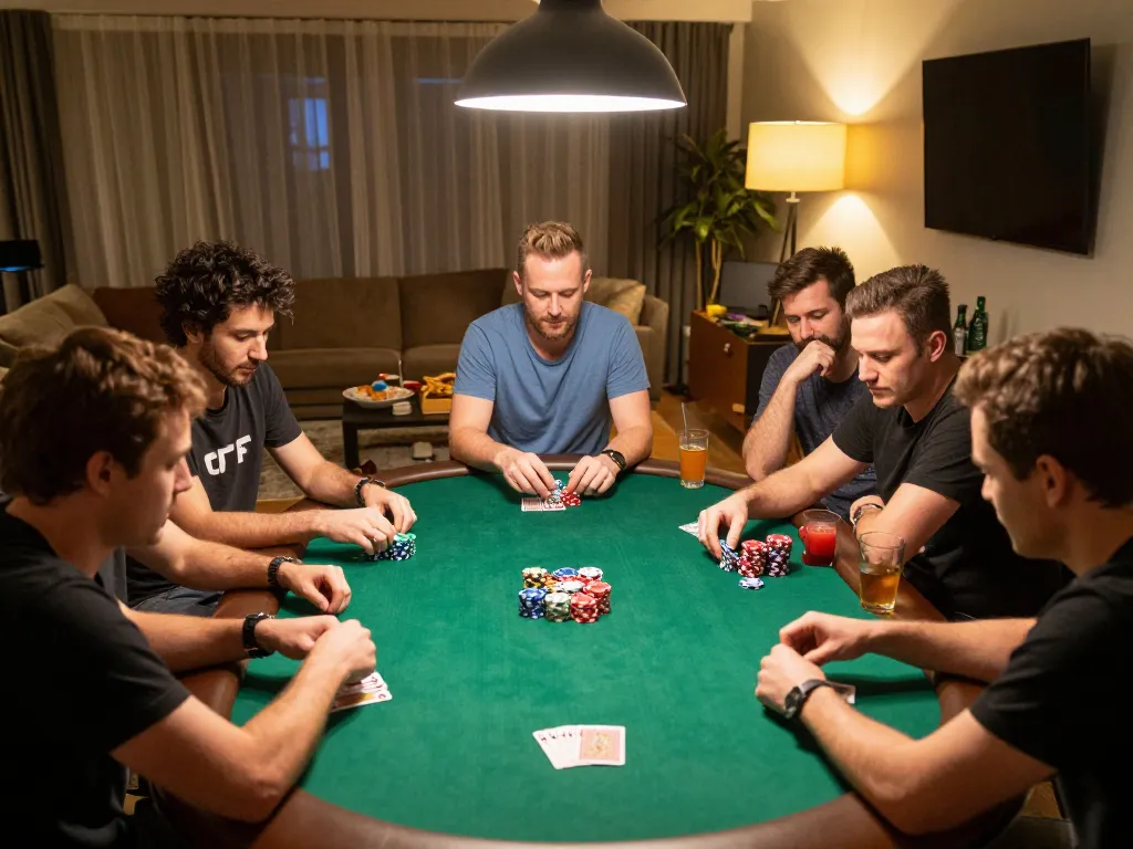 Exciting home poker night with friends analyzing hands, showcasing nhandinhkeonhacai in a cozy setting.