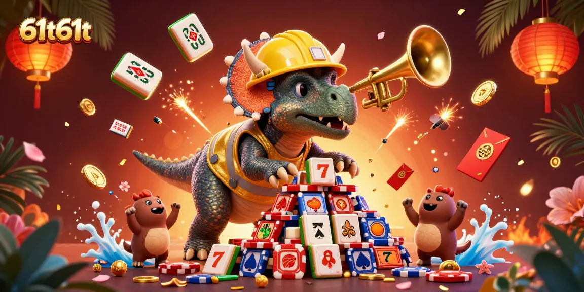 Experience 61t61t's gaming excitement as a triceratops builds a tipping poker chip pyramid!