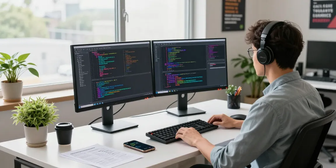 Professional workspace with developer coding on dual monitors, showcasing features of 纸飞机中文版 in a bright, energetic environment.