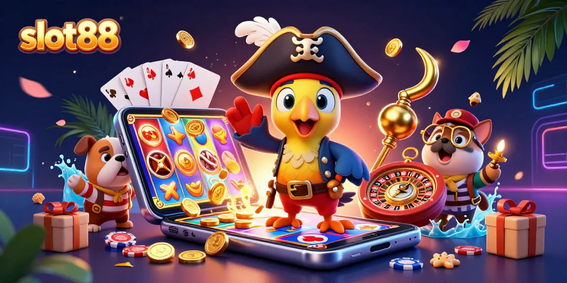 Spin the slot88 reels with pirate-themed characters in an exciting online casino illustration.