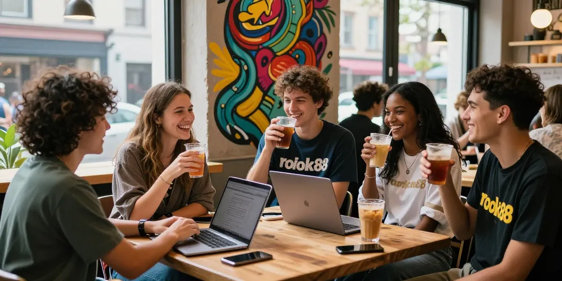 Group of young adults showcasing rokok88 merchandise while enjoying a lively café gathering.