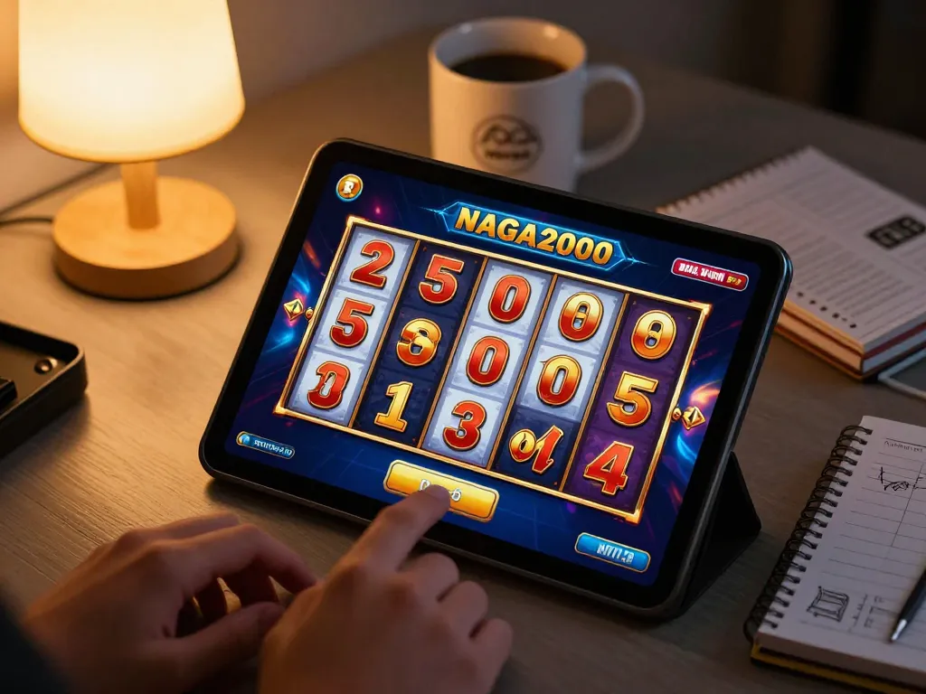 NAGA2000 player enjoying a slot game on tablet at home, illustrating vibrant reels and cozy atmosphere.