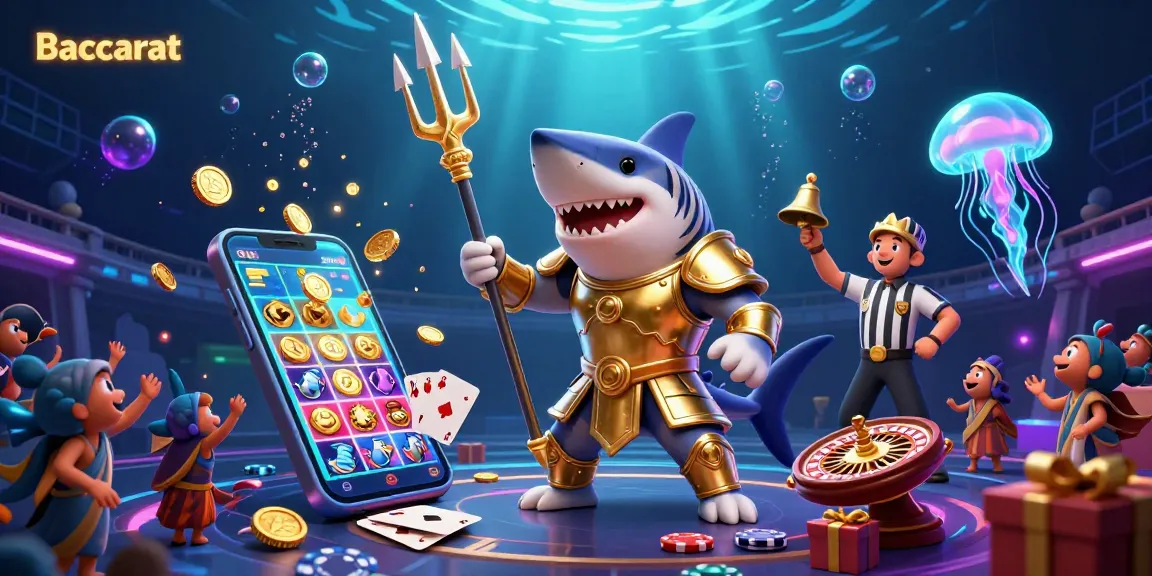 Baccarat game action with a dynamic 3D shark in gladiator armor showcasing vibrant casino elements and underwater atmosphere.