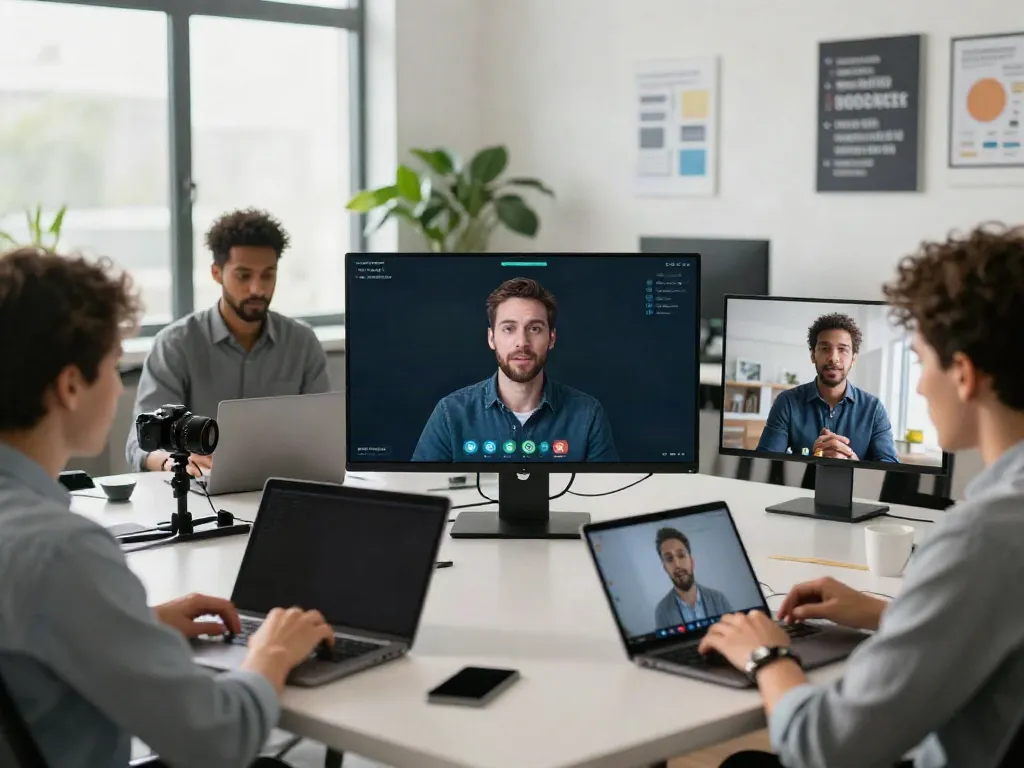 Deepfake protected Online Video Calls showcasing diverse professionals collaborating in a secure virtual environment with advanced technology.