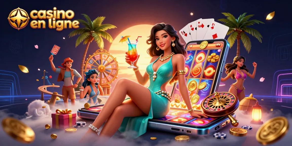 Découvrez le frisson du casino en ligne avec des vibrations tropicales et des jeux captivants dans cette illustration vibrante.