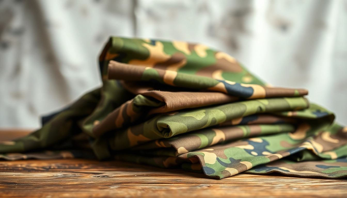 Bekijken van diverse camouflage stoffen met unieke patronen en texturen op een houten tafel.