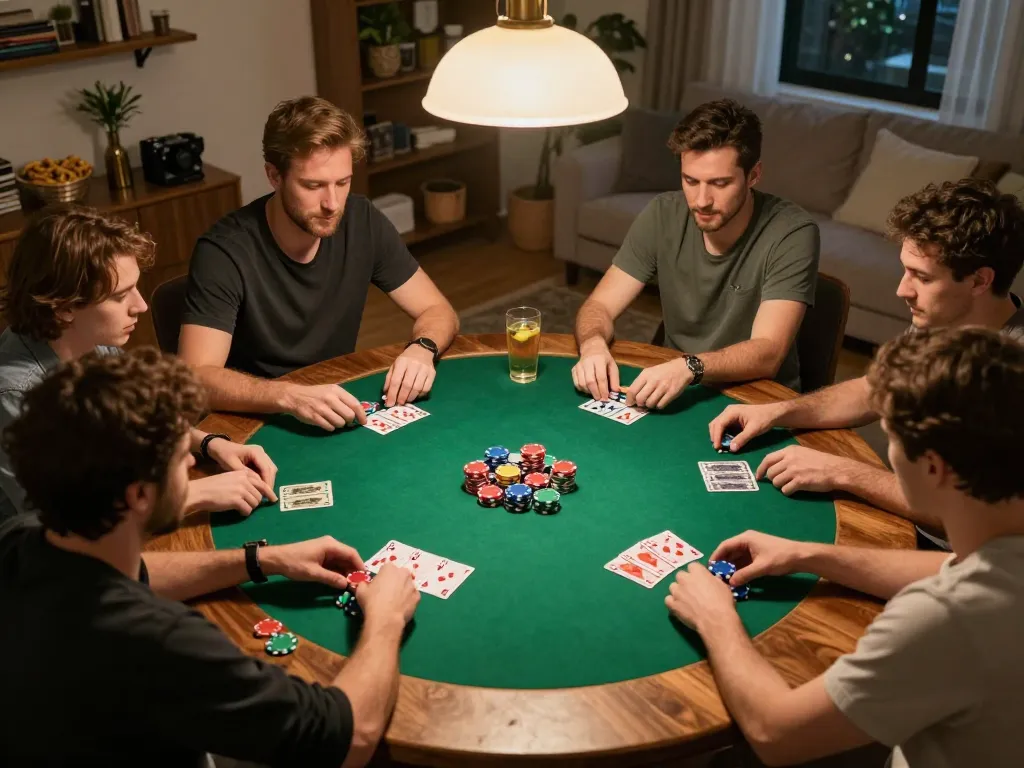 Players enjoying a casual poker night at home, discussing strategy and placing bets, showcasing Canada online casinos reddit community engagement.