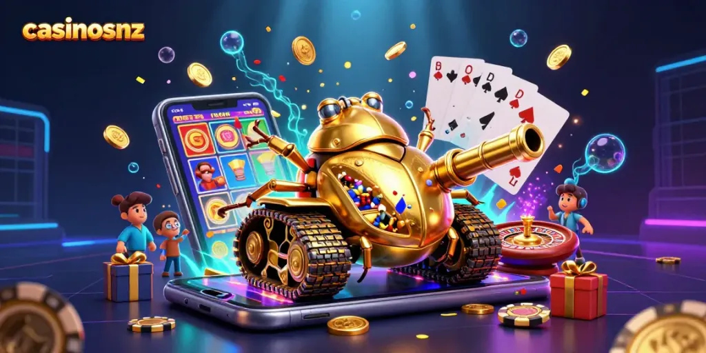 Experience thrilling gameplay at casinosnz with a dynamic, vibrant casino-themed 3D illustration.
