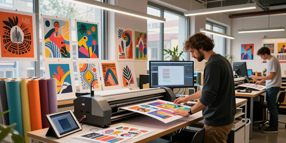 Designer using Poster Making Machines to create vibrant prints in a modern print shop