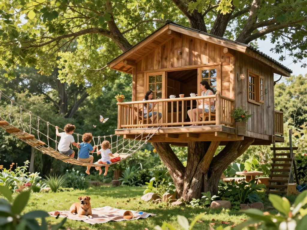 Experience tree house life with a family enjoying outdoor fun in a serene garden setting.