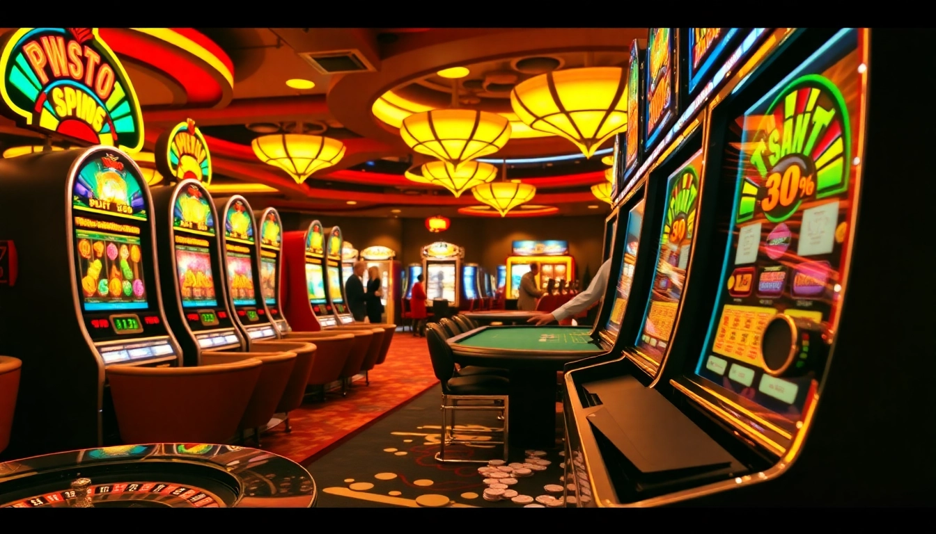 Experience the thrill of slot pragmatic machines at a vibrant casino, surrounded by players and colorful graphics.