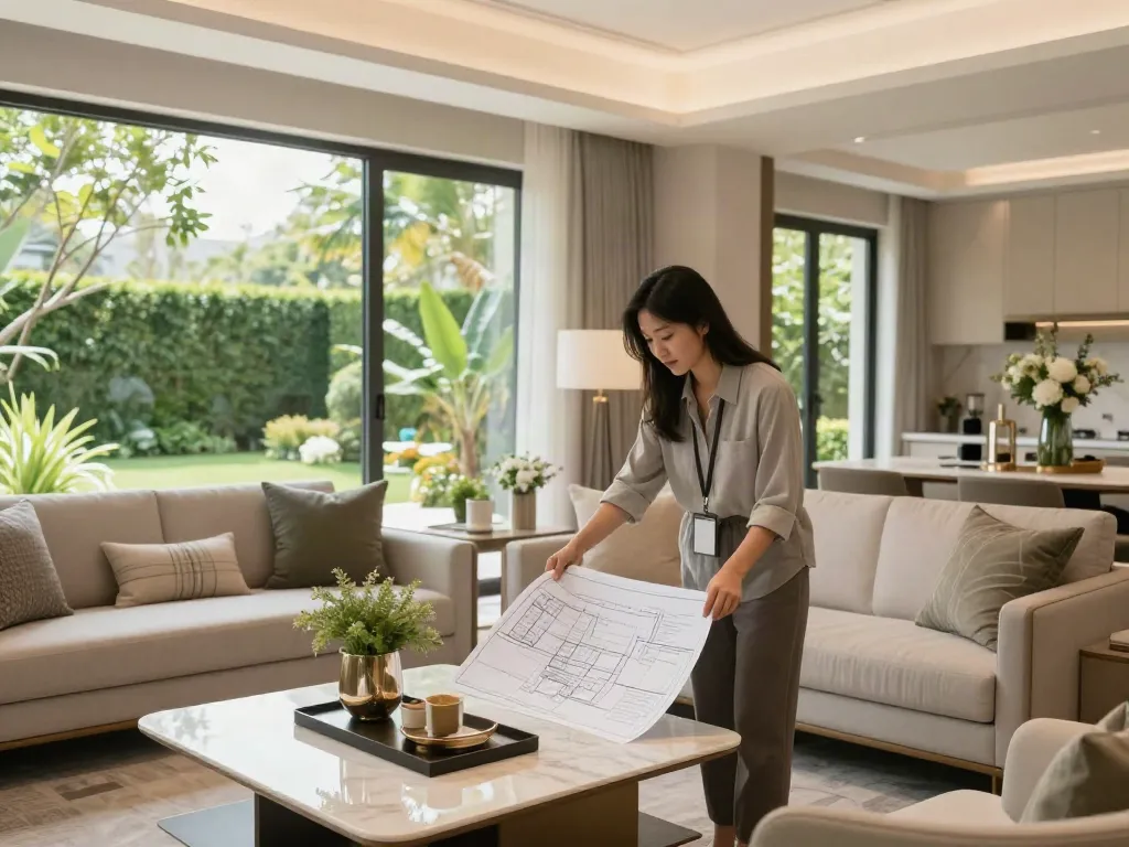 Coconut Grove remodeling living room with designer reviewing plans.