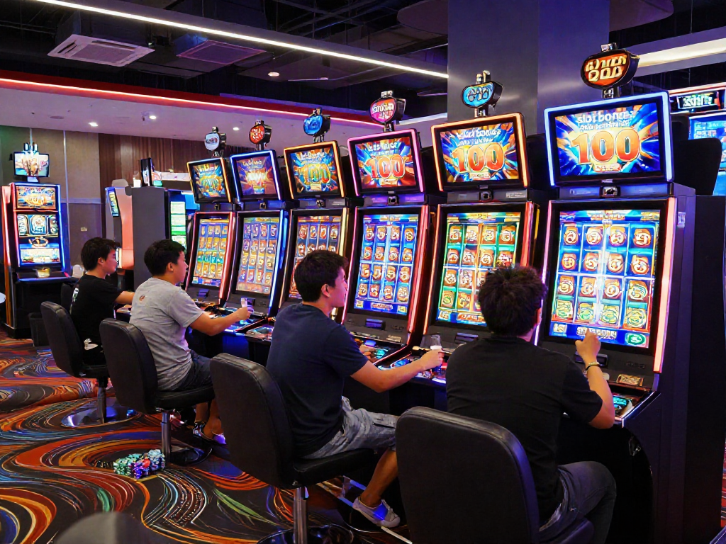 Exciting casino scene featuring players enjoying the slot bonus new member 100 on vibrant machines.