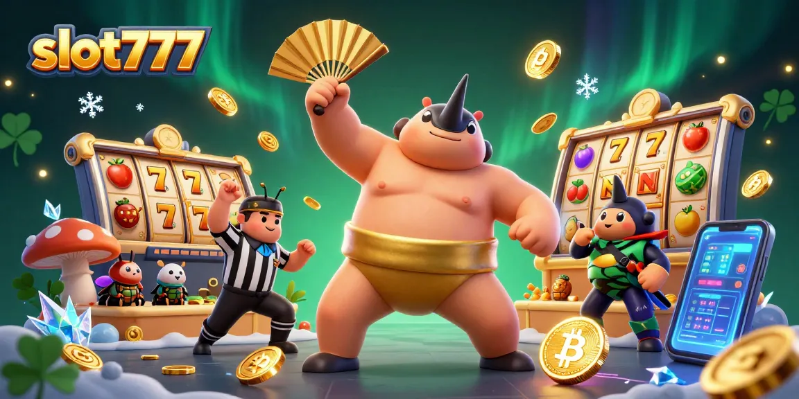 Pemain slot777 meraih kemenangan dengan simbol jackpot berkilauan di latar belakang penuh coin Emas.