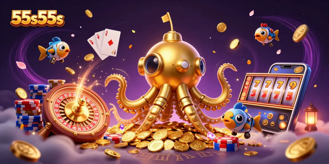 Experience the thrill of 55s55s with a dynamic 3D casino scene featuring golden kraken and rich game elements.