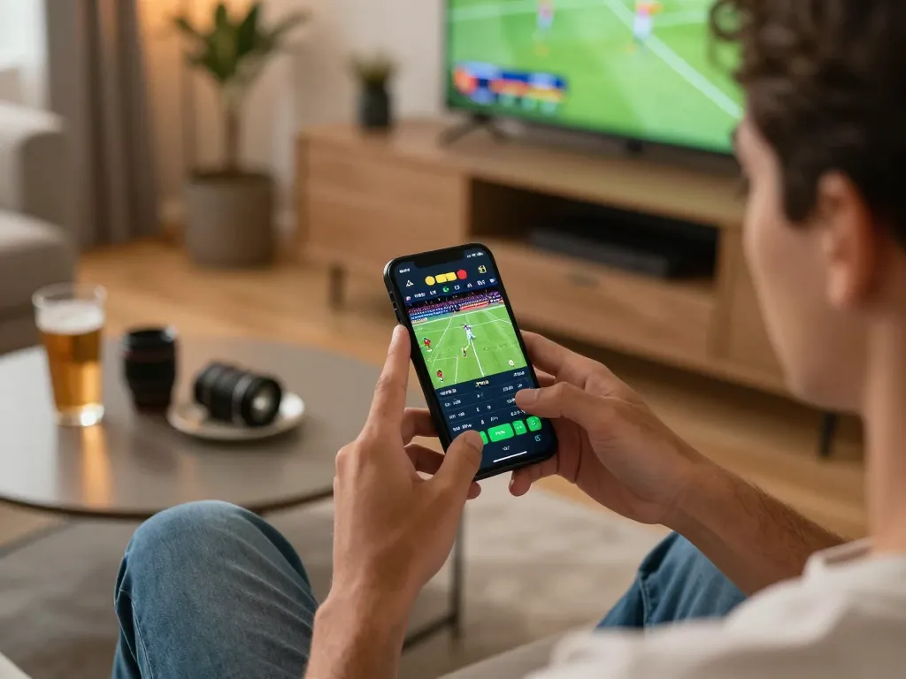 Engaged user placing bets on sports with 888top app during a live game broadcast